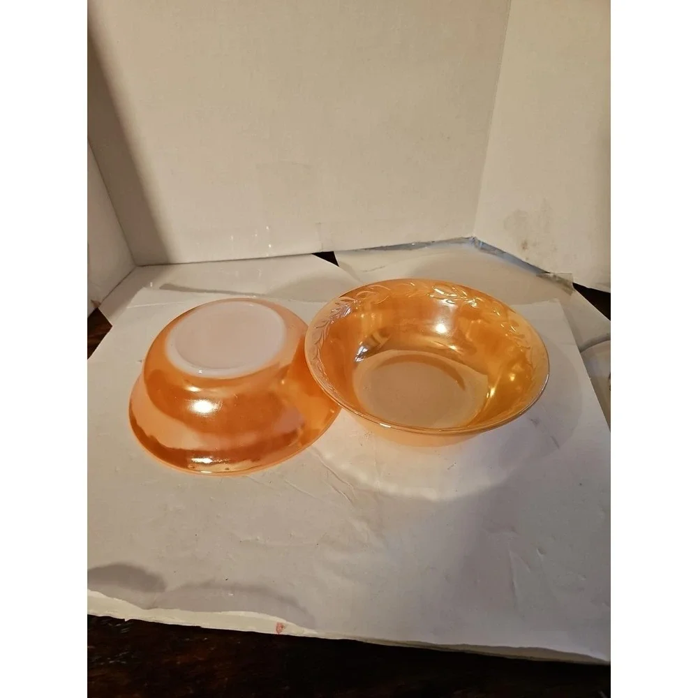 Vintage Fire King Oven Ware Peach/Orange Luster Swirl Mixing Bowl USA Lot Of 2